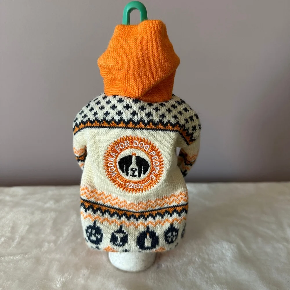 Tito’s Handmade Vodka Knit Bottle Sweater Orange White Novelty Gift Dog People
